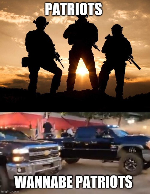 Learn the difference trumptards! | PATRIOTS; WANNABE PATRIOTS | image tagged in us soldiers shadows,donald trump approves,violence,memes | made w/ Imgflip meme maker
