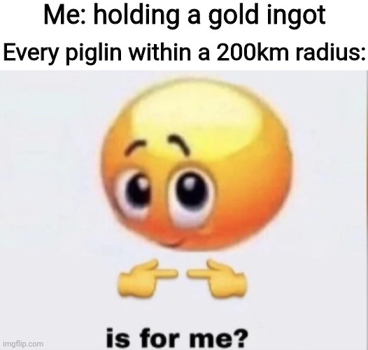 piglins be like | Me: holding a gold ingot; Every piglin within a 200km radius: | image tagged in is for me,minecraft,memes,funny,gold,beggar | made w/ Imgflip meme maker