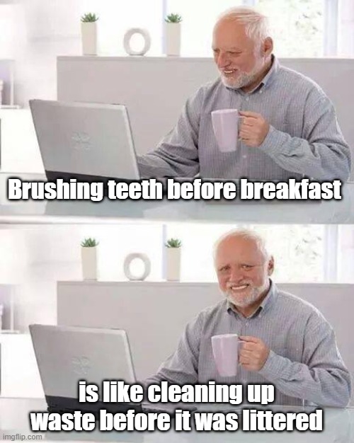 You gotta brush after having Breakfast! | Brushing teeth before breakfast; is like cleaning up waste before it was littered | image tagged in memes,hide the pain harold | made w/ Imgflip meme maker