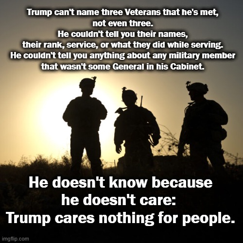 Trump cares nothing for people. | Trump can't name three Veterans that he's met, 
not even three. 
He couldn't tell you their names, 
their rank, service, or what they did while serving. 
He couldn't tell you anything about any military member 
that wasn't some General in his Cabinet. He doesn't know because he doesn't care: 
Trump cares nothing for people. | image tagged in military,service,losers,suckers,trump | made w/ Imgflip meme maker