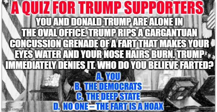 A QUIZ FOR TRUMP SUPPORTERS; YOU AND DONALD TRUMP ARE ALONE IN THE OVAL OFFICE. TRUMP RIPS A GARGANTUAN CONCUSSION GRENADE OF A FART THAT MAKES YOUR EYES WATER AND YOUR NOSE HAIRS BURN. TRUMP IMMEDIATELY DENIES IT. WHO DO YOU BELIEVE FARTED? A.  YOU
B.  THE DEMOCRATS
C.  THE DEEP STATE
D.  NO ONE – THE FART IS A HOAX | image tagged in trump,trump supporters | made w/ Imgflip meme maker