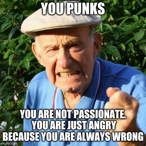 You punks are never happy |  YOU PUNKS; YOU ARE NOT PASSIONATE.  YOU ARE JUST ANGRY BECAUSE YOU ARE ALWAYS WRONG | image tagged in angry old man,you punks are never happy,be happy,respect your elders,failures one and all,be passionate | made w/ Imgflip meme maker