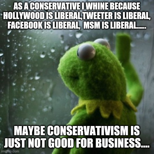 Right wing  is bad for  business | AS A CONSERVATIVE I WHINE BECAUSE HOLLYWOOD IS LIBERAL,TWEETER IS LIBERAL, FACEBOOK IS LIBERAL,  MSM IS LIBERAL...... MAYBE CONSERVATIVISM IS JUST NOT GOOD FOR BUSINESS.... | image tagged in conservatives,maga,msm lies,joe biden,liberals,donald trump | made w/ Imgflip meme maker