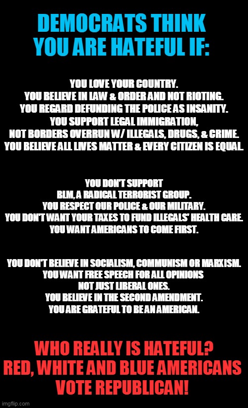 America, “There is nowhere else to go.”  ~Maximo Alvarez~ | DEMOCRATS THINK YOU ARE HATEFUL IF:; YOU LOVE YOUR COUNTRY.
YOU BELIEVE IN LAW & ORDER AND NOT RIOTING.
YOU REGARD DEFUNDING THE POLICE AS INSANITY.

YOU SUPPORT LEGAL IMMIGRATION, NOT BORDERS OVERRUN W/ ILLEGALS, DRUGS, & CRIME.
YOU BELIEVE ALL LIVES MATTER & EVERY CITIZEN IS EQUAL. YOU DON'T SUPPORT BLM, A RADICAL TERRORIST GROUP.

YOU RESPECT OUR POLICE & OUR MILITARY.
YOU DON'T WANT YOUR TAXES TO FUND ILLEGALS' HEALTH CARE.
YOU WANT AMERICANS TO COME FIRST. YOU DON'T BELIEVE IN SOCIALISM, COMMUNISM OR MARXISM.
YOU WANT FREE SPEECH FOR ALL OPINIONS 
NOT JUST LIBERAL ONES.
YOU BELIEVE IN THE SECOND AMENDMENT.
YOU ARE GRATEFUL TO BE AN AMERICAN. WHO REALLY IS HATEFUL?
RED, WHITE AND BLUE AMERICANS 
VOTE REPUBLICAN! | image tagged in politics,political meme,republicans,america,donald trump approves,sanity | made w/ Imgflip meme maker