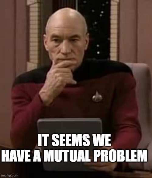 picard thinking | IT SEEMS WE HAVE A MUTUAL PROBLEM | image tagged in picard thinking | made w/ Imgflip meme maker