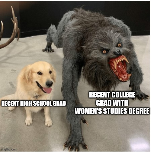 dog wolf | RECENT COLLEGE GRAD WITH WOMEN'S STUDIES DEGREE; RECENT HIGH SCHOOL GRAD | image tagged in dog wolf | made w/ Imgflip meme maker