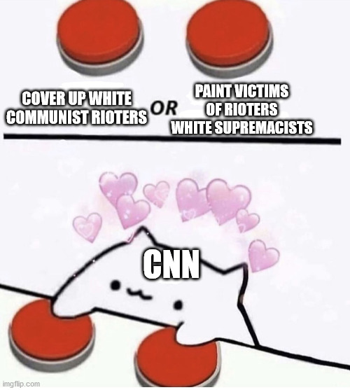 best of both worlds | PAINT VICTIMS OF RIOTERS WHITE SUPREMACISTS; COVER UP WHITE COMMUNIST RIOTERS; CNN | image tagged in cat pressing two buttons,rioters,communists,cnn fake news,white supremacy | made w/ Imgflip meme maker