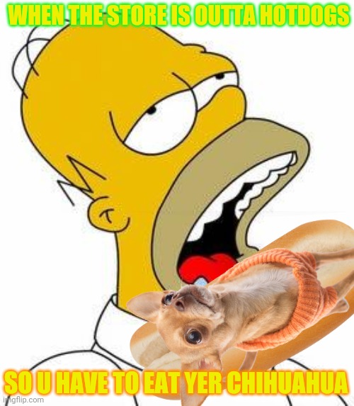Hungry Homer | WHEN THE STORE IS OUTTA HOTDOGS SO U HAVE TO EAT YER CHIHUAHUA | image tagged in hungry homer | made w/ Imgflip meme maker