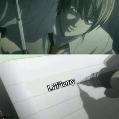 Deathnote with lilflamy in it | LilFlamy | image tagged in blank deathnote | made w/ Imgflip meme maker