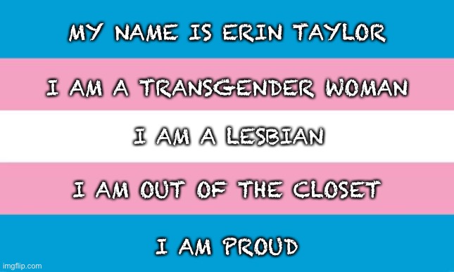 Transgender Flag | MY NAME IS ERIN TAYLOR; I AM A TRANSGENDER WOMAN; I AM A LESBIAN; I AM OUT OF THE CLOSET; I AM PROUD | image tagged in transgender flag | made w/ Imgflip meme maker