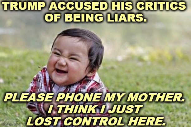 Pot, meet kettle. | TRUMP ACCUSED HIS CRITICS 
OF BEING LIARS. PLEASE PHONE MY MOTHER. 
I THINK I JUST 
LOST CONTROL HERE. | image tagged in memes,evil toddler,trump,lies,liar,dishonest | made w/ Imgflip meme maker