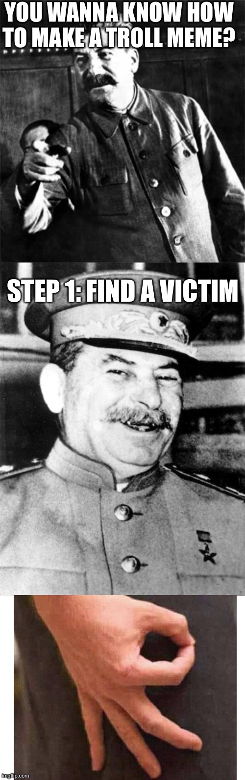 Memes | YOU WANNA KNOW HOW TO MAKE A TROLL MEME? STEP 1: FIND A VICTIM | image tagged in stalin,stalin smile,blank white template,memes overload | made w/ Imgflip meme maker