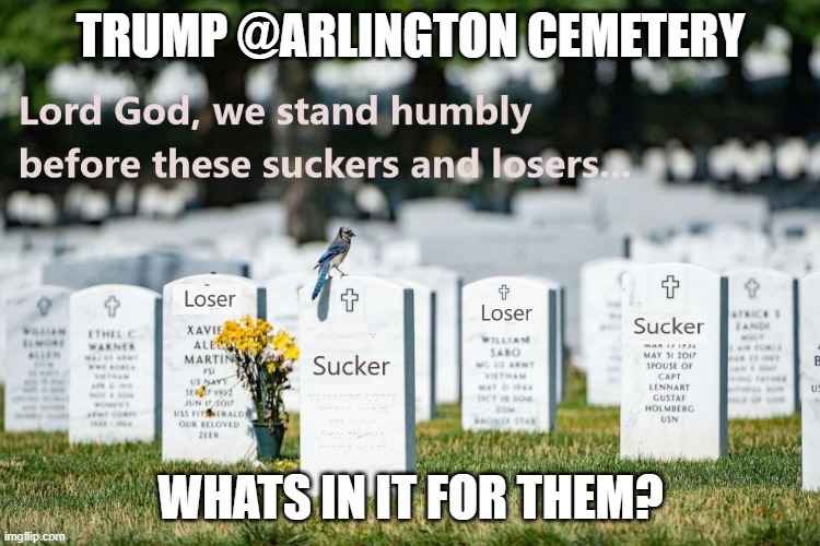 suckers and losers | TRUMP @ARLINGTON CEMETERY; WHATS IN IT FOR THEM? | image tagged in suckers and losers | made w/ Imgflip meme maker
