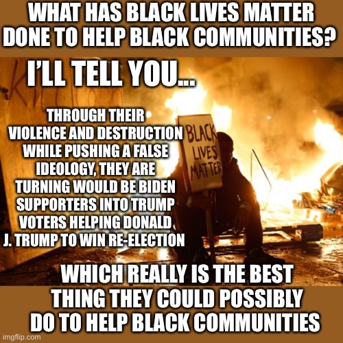 Best thing BLM is doing for blacks | WHAT HAS BLACK LIVES MATTER DONE TO HELP BLACK COMMUNITIES? I’LL TELL YOU... THROUGH THEIR VIOLENCE AND DESTRUCTION WHILE PUSHING A FALSE IDEOLOGY, THEY ARE TURNING WOULD BE BIDEN SUPPORTERS INTO TRUMP VOTERS HELPING DONALD J. TRUMP TO WIN RE-ELECTION; WHICH REALLY IS THE BEST THING THEY COULD POSSIBLY DO TO HELP BLACK COMMUNITIES | image tagged in black lives matter,riots,violence,destruction,democrats suck,trump 2020 | made w/ Imgflip meme maker