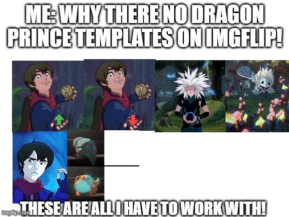 why are there no dragon prince templates on imgflip | ME: WHY THERE NO DRAGON PRINCE TEMPLATES ON IMGFLIP! THESE ARE ALL I HAVE TO WORK WITH! | image tagged in blank white template,avatar the last airbender | made w/ Imgflip meme maker