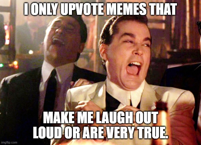 Good Fellas Hilarious | I ONLY UPVOTE MEMES THAT; MAKE ME LAUGH OUT LOUD OR ARE VERY TRUE. | image tagged in memes,good fellas hilarious | made w/ Imgflip meme maker