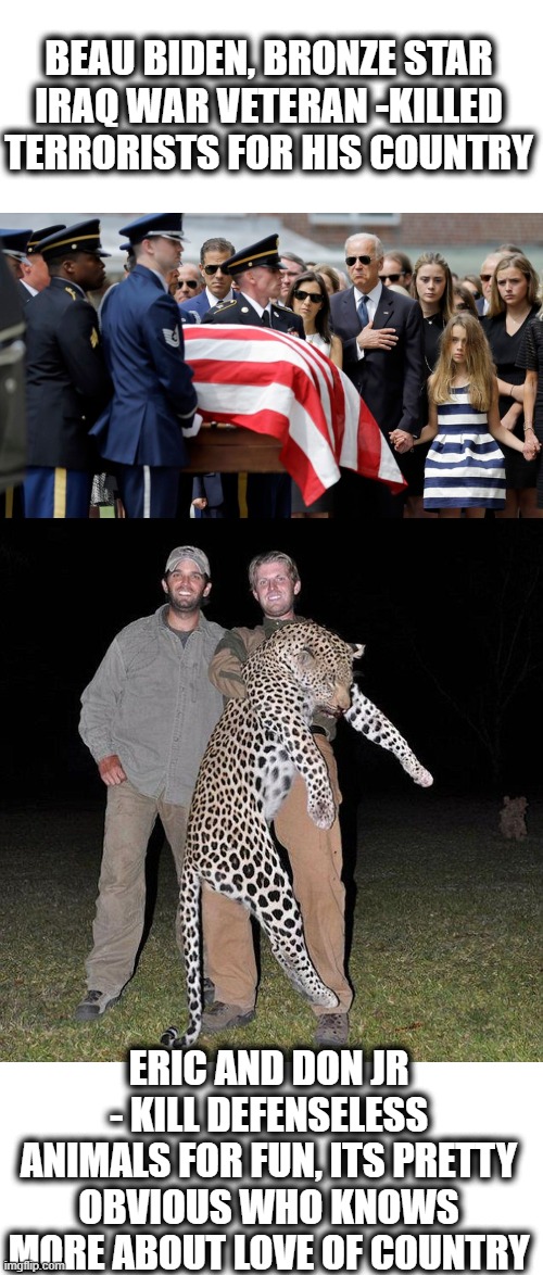Trump doesn't care about veterans, he calls them losers. | BEAU BIDEN, BRONZE STAR IRAQ WAR VETERAN -KILLED TERRORISTS FOR HIS COUNTRY; ERIC AND DON JR - KILL DEFENSELESS ANIMALS FOR FUN, ITS PRETTY OBVIOUS WHO KNOWS MORE ABOUT LOVE OF COUNTRY | image tagged in memes,traitor,scumbag,maga,impeach trump | made w/ Imgflip meme maker
