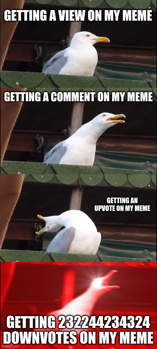 Inhaling Seagull Meme | GETTING A VIEW ON MY MEME; GETTING A COMMENT ON MY MEME; GETTING AN UPVOTE ON MY MEME; GETTING 232244234324 DOWNVOTES ON MY MEME | image tagged in memes,inhaling seagull | made w/ Imgflip meme maker