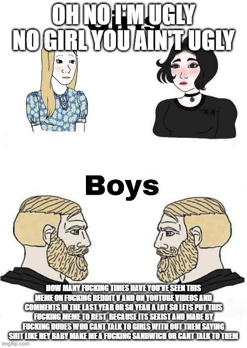 Girls vs Boys | OH NO I'M UGLY NO GIRL YOU AIN'T UGLY; HOW MANY FUCKING TIMES HAVE YOU'VE SEEN THIS MEME ON FUCKING REDDIT V AND ON YOUTUBE VIDEOS AND COMMENTS IN THE LAST YEAR OR SO YEAH A LOT SO LETS PUT THIS FUCKING MEME TO REST  BECAUSE ITS SEXIST AND MADE BY FUCKING DUDES WHO CANT TALK TO GIRLS WITH OUT THEM SAYING SHIT LIKE HEY BABY MAKE ME A FUCKING SANDWICH OR CANT TALK TO THEM | image tagged in girls vs boys | made w/ Imgflip meme maker