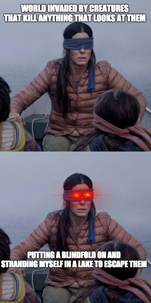 Birdbox Mem | WORLD INVADED BY CREATURES THAT KILL ANYTHING THAT LOOKS AT THEM; PUTTING A BLINDFOLD ON AND STRANDING MYSELF IN A LAKE TO ESCAPE THEM | image tagged in memes,bird box | made w/ Imgflip meme maker