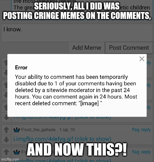 Disabled?! | SERIOUSLY, ALL I DID WAS POSTING CRINGE MEMES ON THE COMMENTS, AND NOW THIS?! | image tagged in disabled,comments | made w/ Imgflip meme maker