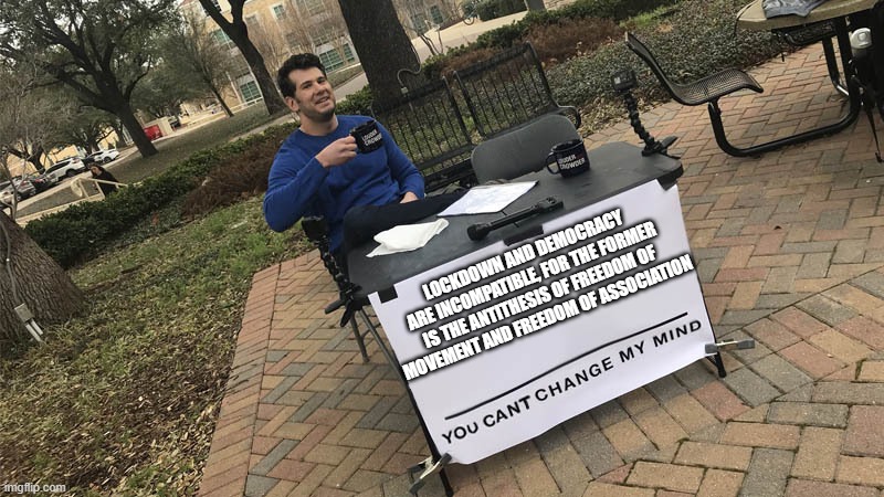 You can't change my mind | LOCKDOWN AND DEMOCRACY ARE INCOMPATIBLE, FOR THE FORMER IS THE ANTITHESIS OF FREEDOM OF MOVEMENT AND FREEDOM OF ASSOCIATION | image tagged in you can't change my mind,lockdown,politics,political meme,freedom,democracy | made w/ Imgflip meme maker