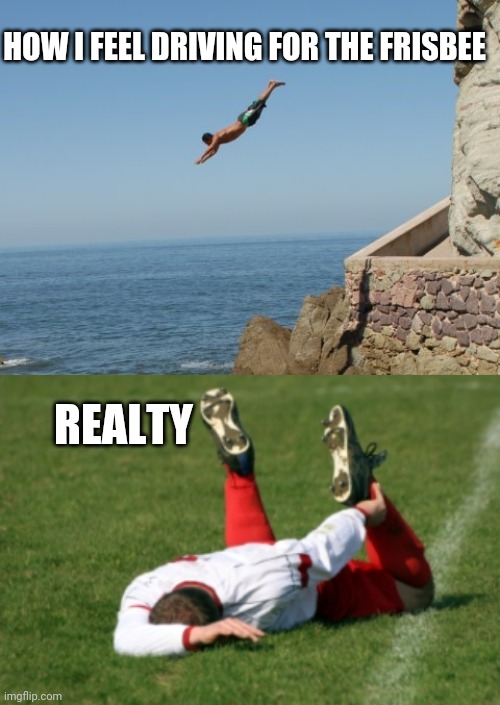 Diving for the frisbee | HOW I FEEL DRIVING FOR THE FRISBEE; REALTY | image tagged in cliff diver,soccer player on the ground | made w/ Imgflip meme maker