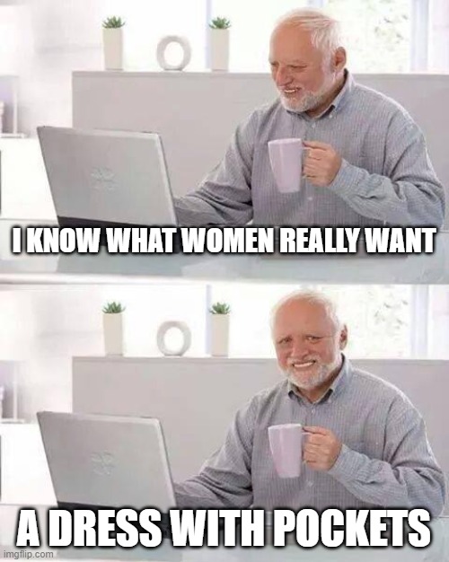 A Meme in which the secret to what women really want is revealed | I KNOW WHAT WOMEN REALLY WANT; A DRESS WITH POCKETS | image tagged in memes,hide the pain harold | made w/ Imgflip meme maker