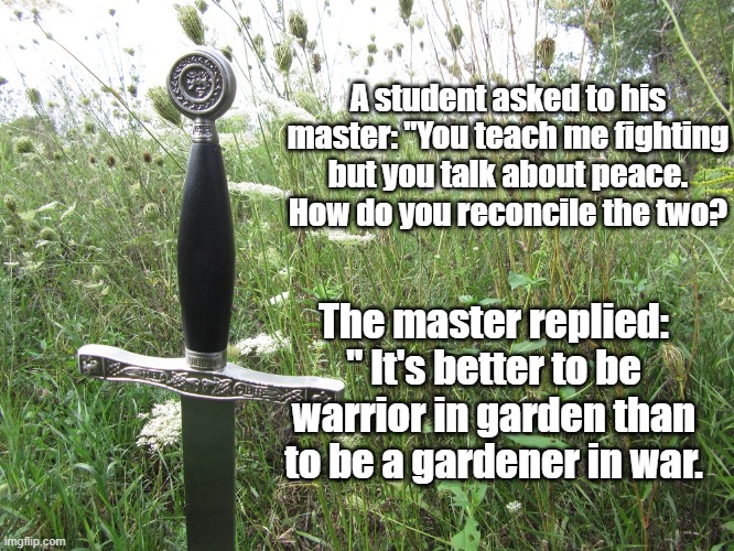 peaceful warrior | A student asked to his master: "You teach me fighting but you talk about peace. How do you reconcile the two? The master replied: " It's better to be warrior in garden than to be a gardener in war. | image tagged in sword | made w/ Imgflip meme maker
