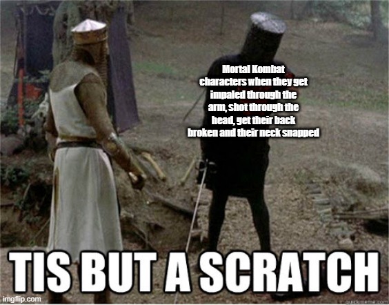 tis but a scratch | Mortal Kombat characters when they get impaled through the arm, shot through the head, get their back broken and their neck snapped | image tagged in tis but a scratch | made w/ Imgflip meme maker