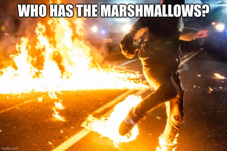 Who has the marshmallows? | WHO HAS THE MARSHMALLOWS? | image tagged in portland,riot,man on fire,marshmallows | made w/ Imgflip meme maker