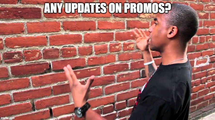 Talking to wall | ANY UPDATES ON PROMOS? | image tagged in talking to wall | made w/ Imgflip meme maker