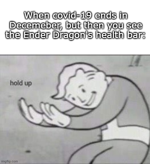 oh noes | When covid-19 ends in Decemeber, but then you see the Ender Dragon's health bar: | image tagged in fallout hold up | made w/ Imgflip meme maker
