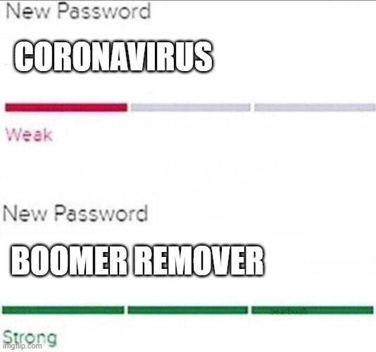 There are no title | CORONAVIRUS; BOOMER REMOVER | image tagged in password strength | made w/ Imgflip meme maker