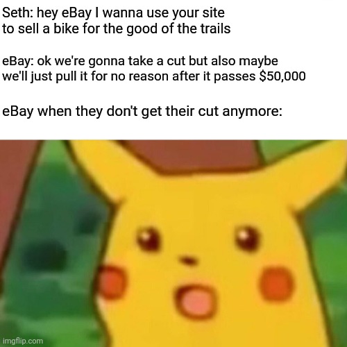 Surprised Pikachu Meme | Seth: hey eBay I wanna use your site to sell a bike for the good of the trails; eBay: ok we're gonna take a cut but also maybe we'll just pull it for no reason after it passes $50,000; eBay when they don't get their cut anymore: | image tagged in memes,surprised pikachu | made w/ Imgflip meme maker