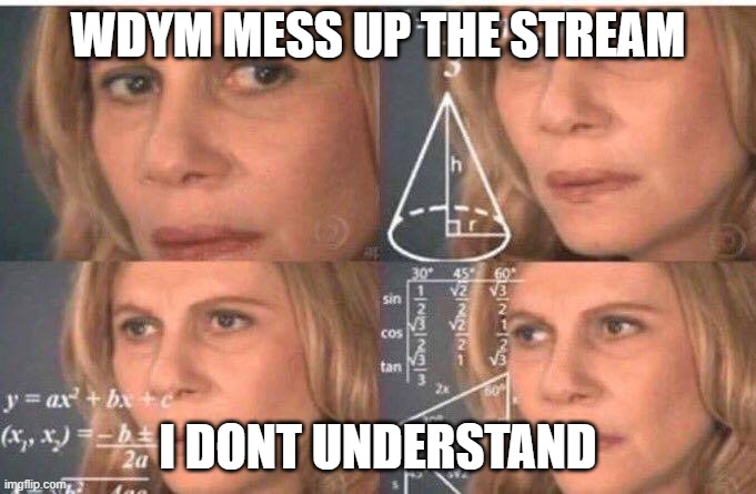Math lady/Confused lady | WDYM MESS UP THE STREAM; I DONT UNDERSTAND | image tagged in math lady/confused lady | made w/ Imgflip meme maker