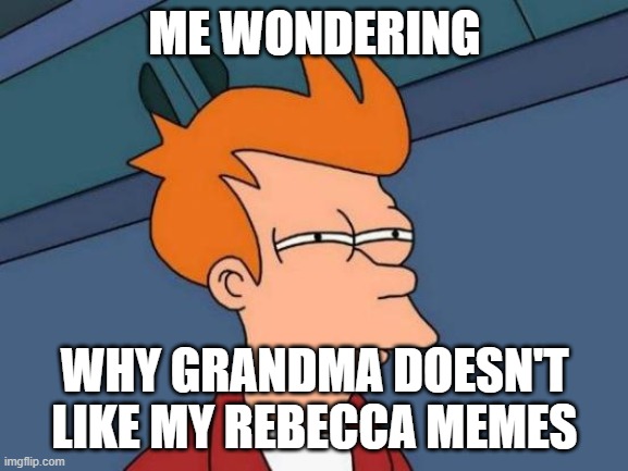 Memes she hates | ME WONDERING; WHY GRANDMA DOESN'T LIKE MY REBECCA MEMES | image tagged in memes,futurama fry,grandma | made w/ Imgflip meme maker