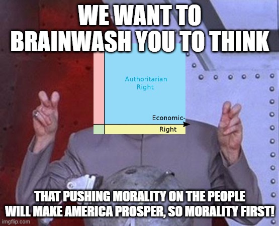 You want to brainwash the kids? | WE WANT TO BRAINWASH YOU TO THINK; THAT PUSHING MORALITY ON THE PEOPLE WILL MAKE AMERICA PROSPER, SO MORALITY FIRST! | image tagged in memes,dr evil laser,alt right,conservatives | made w/ Imgflip meme maker