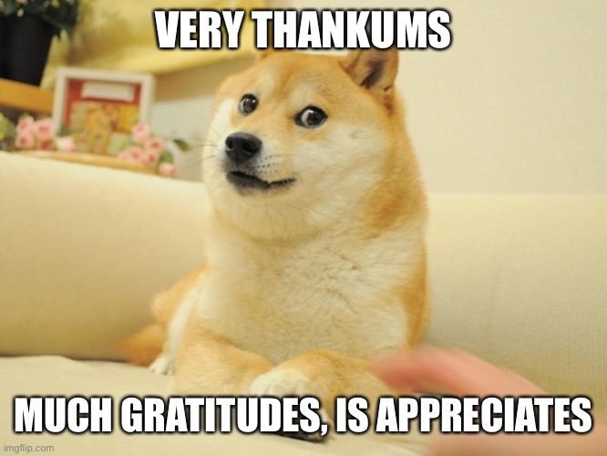 Doge thank you | VERY THANKUMS; MUCH GRATITUDES, IS APPRECIATES | image tagged in doge,thank you,gratitude,2020,funny memes | made w/ Imgflip meme maker