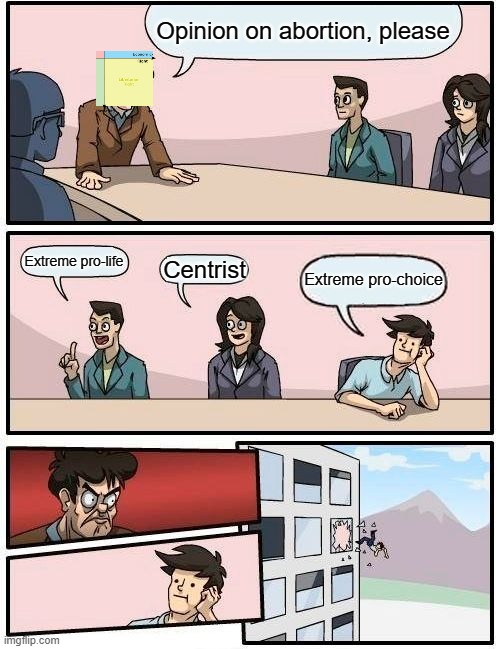 Centrist is safe! | Opinion on abortion, please; Extreme pro-life; Centrist; Extreme pro-choice | image tagged in memes,boardroom meeting suggestion,pro-life,pro-choice,abortion | made w/ Imgflip meme maker