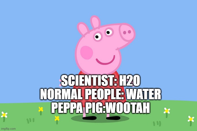 peppa pig language | SCIENTIST: H2O
NORMAL PEOPLE: WATER
PEPPA PIG:WOOTAH | image tagged in peppa pig,funny meme | made w/ Imgflip meme maker