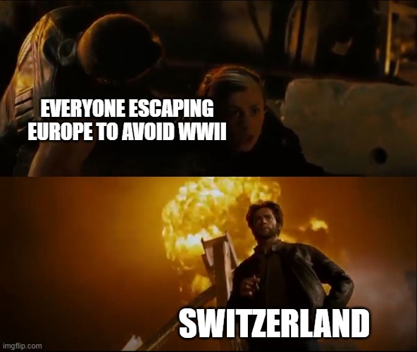 Neutrality is standing in front of a live bomb and not giving spit about it | EVERYONE ESCAPING EUROPE TO AVOID WWII; SWITZERLAND | image tagged in fearful vs those that don't care | made w/ Imgflip meme maker