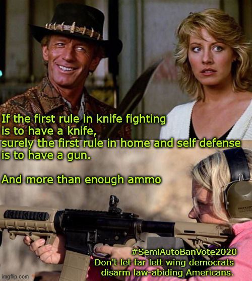 never bring a knife to a gun fight | If the first rule in knife fighting 
is to have a knife, 
surely the first rule in home and self defense
is to have a gun. 
  
And more than enough ammo; #SemiAutoBanVote2020
Don't let far left wing democrats 
disarm law-abiding Americans. | image tagged in gun control | made w/ Imgflip meme maker