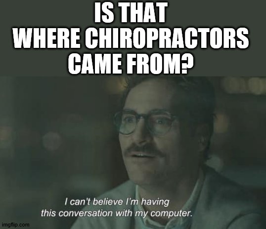 conversation | IS THAT WHERE CHIROPRACTORS CAME FROM? | image tagged in conversation | made w/ Imgflip meme maker