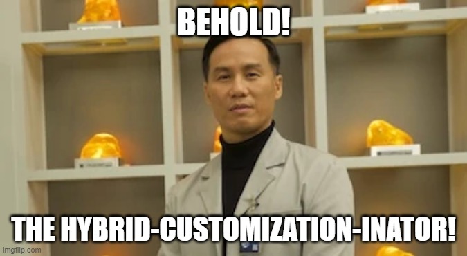 Disney Portrayed By Jurassic World 3: Dr. Wu as Heinz Doofenshmirtz | BEHOLD! THE HYBRID-CUSTOMIZATION-INATOR! | image tagged in phineas and ferb,jurassic world,disney | made w/ Imgflip meme maker