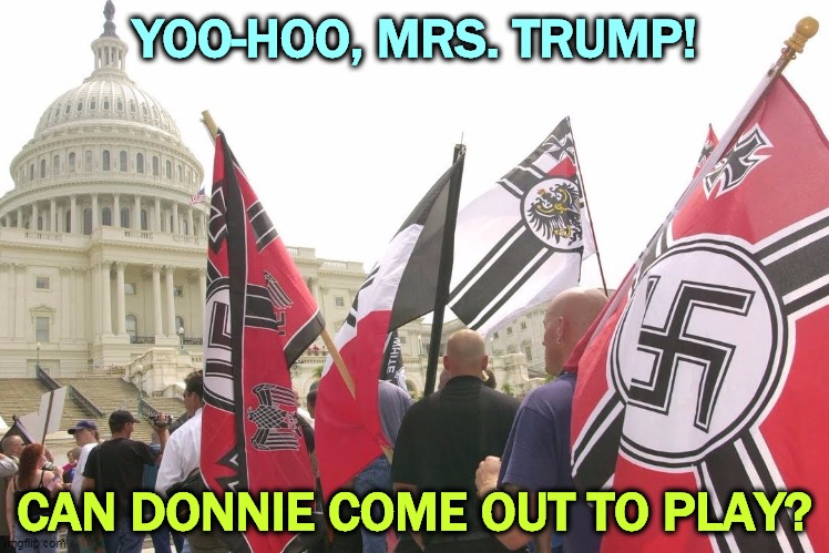 You fools, you've got the wrong building. | YOO-HOO, MRS. TRUMP! CAN DONNIE COME OUT TO PLAY? | image tagged in nazis neo-nazi flags parade capitol washington dc,trump,racist,white supremacists,neo-nazis,kkk | made w/ Imgflip meme maker
