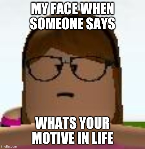 lol | MY FACE WHEN SOMEONE SAYS; WHATS YOUR MOTIVE IN LIFE | image tagged in roblox funny face | made w/ Imgflip meme maker