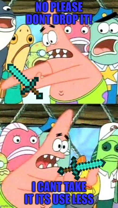 the rare sword | NO PLEASE DONT DROP IT! I CANT TAKE IT ITS USE LESS | image tagged in memes,put it somewhere else patrick | made w/ Imgflip meme maker