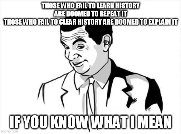 If you really know what I mean | THOSE WHO FAIL TO LEARN HISTORY ARE DOOMED TO REPEAT IT
THOSE WHO FAIL TO CLEAR HISTORY ARE DOOMED TO EXPLAIN IT; IF YOU KNOW WHAT I MEAN | image tagged in memes,if you know what i mean bean,history | made w/ Imgflip meme maker
