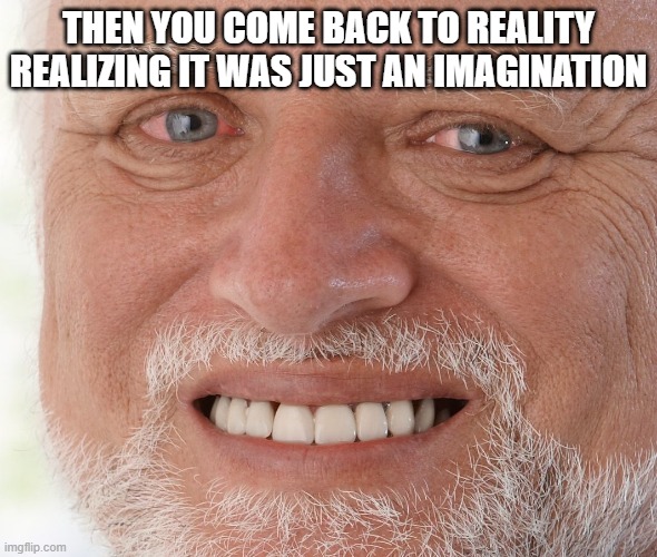 Hide the Pain Harold | THEN YOU COME BACK TO REALITY REALIZING IT WAS JUST AN IMAGINATION | image tagged in hide the pain harold | made w/ Imgflip meme maker